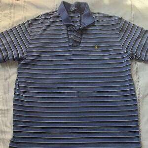Polo Ralph Lauren Mens XL Blue Striped Short Sleeve Pique Polo Shirt Yellow Pony